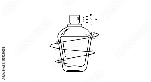 Perfume bottle with spray mist and swirling lines, minimalist illustration