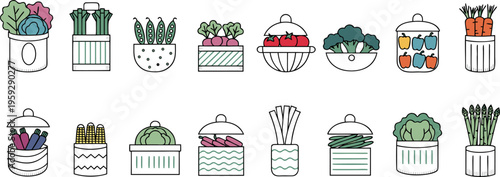 Vegetable Storage and Kitchen Container Vector Set — Fresh Produce Pots, Bowls and Food Organizers