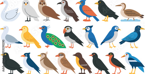 Diverse collection of colorful cartoon birds standing in a single row isolated on a white background