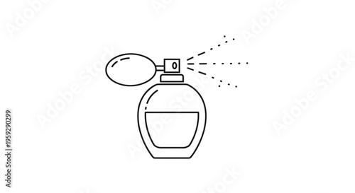 Perfume bottle with spray mist, elegant line art icon, isolated on white background