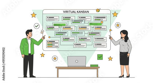 Business team discussing virtual kanban board with laptop and illustrations