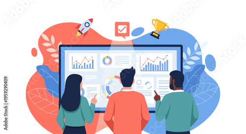 Three people are analyzing business data on a large screen display