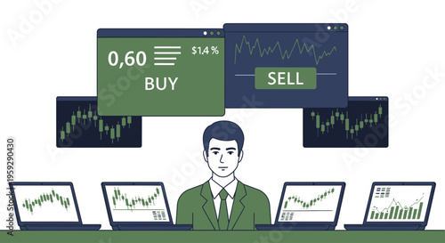 Man in green suit analyzes stock market trends on multiple laptops