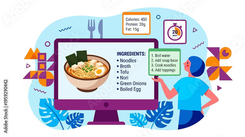 Woman views recipe on computer screen with ingredients list and food