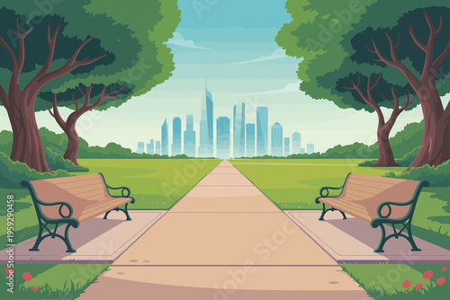 Serene urban park with empty benches leading to a modern city skyline background