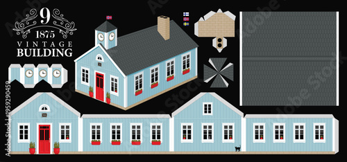 A wooden Scandinavian or European house with a clock in a classic style. Town hall. Vector mockup for paper. Cute vintage Christmas toy house. No AI