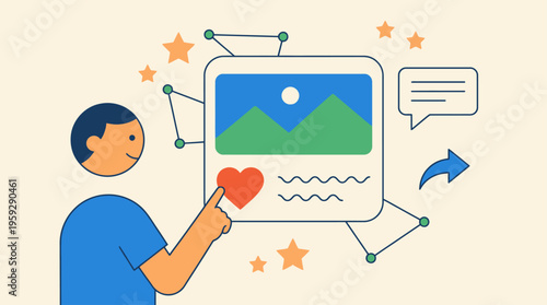 A person shares a digital photo of mountains with heart and speech bubbles.