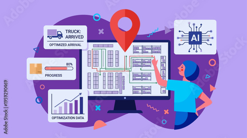 A person analyzes data on a computer with graphs and maps nearby in an office.