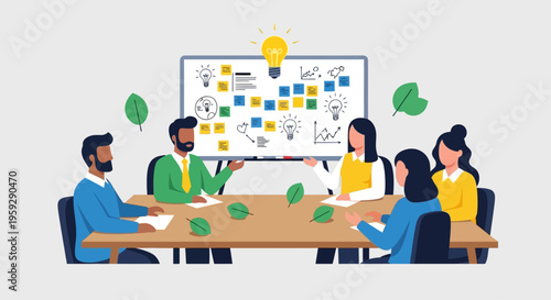 People sitting around a table discussing ideas with a colorful board