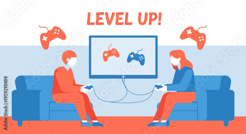 Two gamers sitting on a couch playing video games together at home