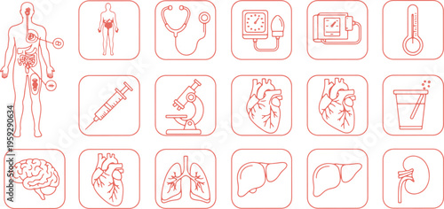Comprehensive icons representing various aspects of human health and medical care