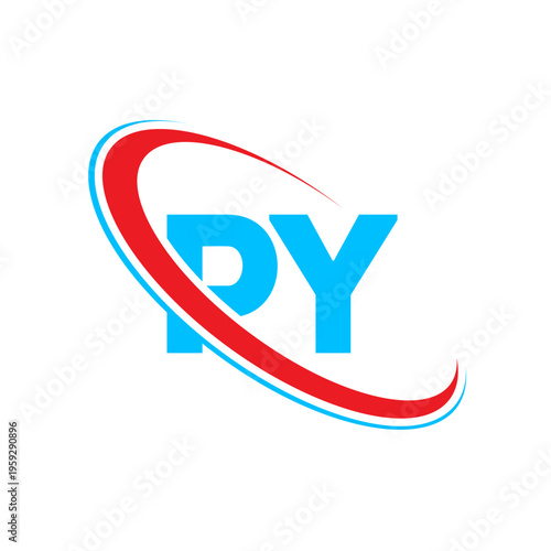 PY letter logo featuring a stylish red and blue swoosh arc. Contemporary vector graphic designed for creative agencies, youth brands, and innovative tech companies looking for a unique identity.