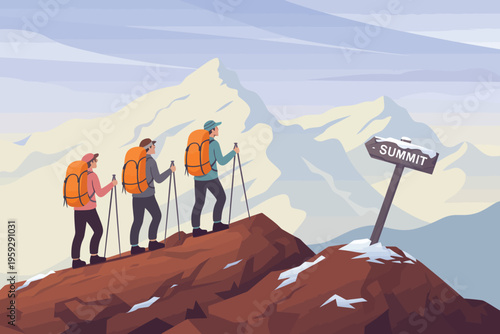 Three diverse hikers with backpacks ascend a rocky mountain towards a summit signpost under a cloudy sky
