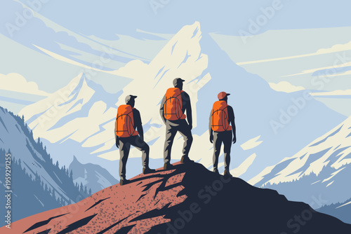 Three hikers with orange backpacks stand on a mountain peak admiring the snowy mountain range in the distance