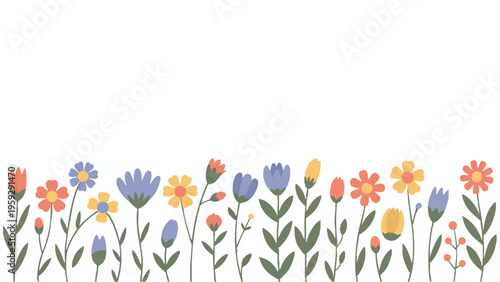 A cheerful array of colorful flowers blooming in a lively garden scene isolated on white background, illustration