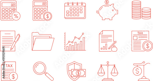 Collection of icons representing financial management and accounting tasks