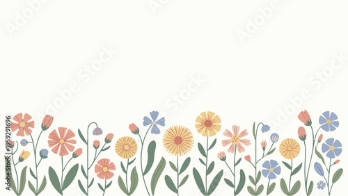 A cheerful array of stylized flowers in a vibrant garden border illustration isolated on white background, illustration