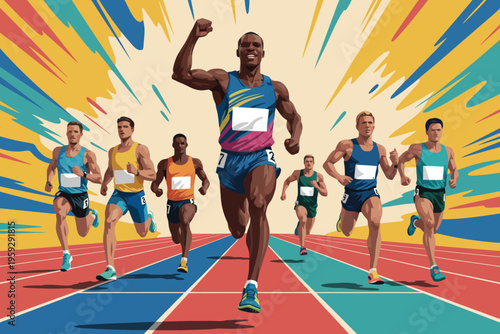 Athletes racing on a track with a colorful abstract background celebrating victory and competition