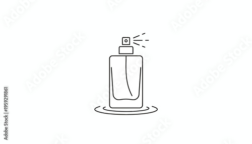Perfume bottle icon with spray mist, minimalist outline design, beauty and fragrance concept