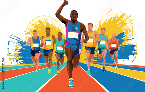 Diverse group of male athletes competing in a sprint race with energetic paint splatters in the background