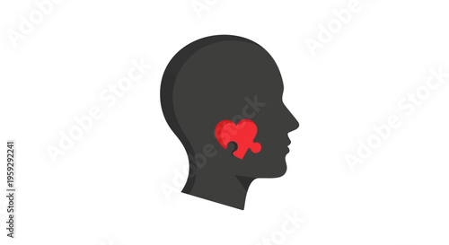 a black silhouette of a human head with a red heart shaped puzzle piece.