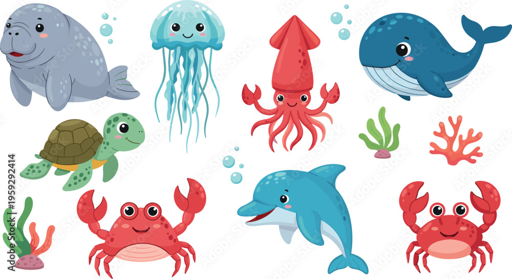 Fototapeta premium Large Collection of Stylized Sea Life Vector Illustrations Featuring Manatee Whale Dolphin Turtle Jellyfish Squid Crab and Coral for Childrens Playful Marine Education