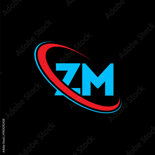 Elegant zm initial logo with creative red and blue orbital lines. High quality vector graphic for professional company branding and contemporary business symbols on black background.