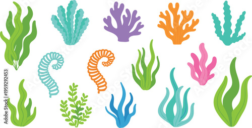 Large Collection of Stylized Underwater Coral Reef and Seaweed Vector Illustrations Featuring Vibrant Kelp Plants and Marine Vegetation for Coastal Scene Building