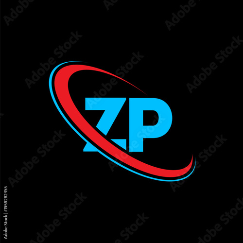 ZP letter logo, blue colors, red circle design, black background, simple clean, luxury, monogram, modern letters, creative, minimal, initial logo, alphabet ZP, brand identity