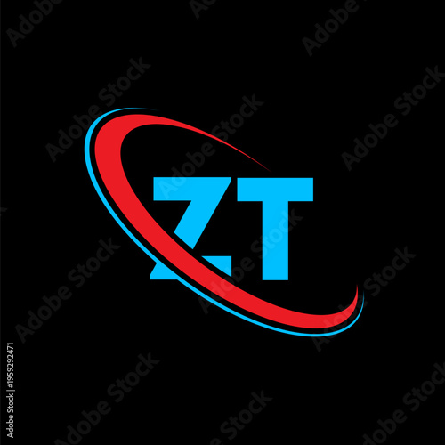 ZT letter logo, blue colors, red circle design, black background, simple clean, luxury, monogram, modern letters, creative, minimal, initial logo, alphabet ZT, brand identity