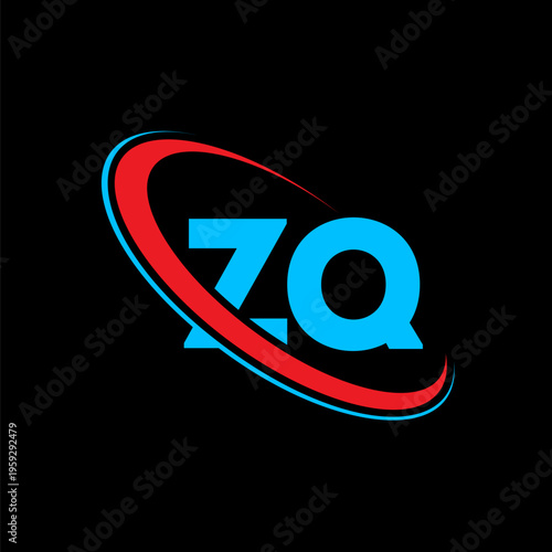 ZQ letter logo, blue colors, red circle design, black background, simple clean, luxury, monogram, modern letters, creative, minimal, initial logo, alphabet ZQ, brand identity