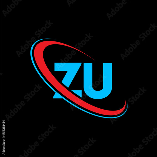 ZU letter logo design on black background, creative ZU letter logo template, red and blue swoosh circle letter logo