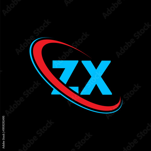 ZX letter logo design on black background, creative ZX letter logo template, red and blue swoosh circle letter logo