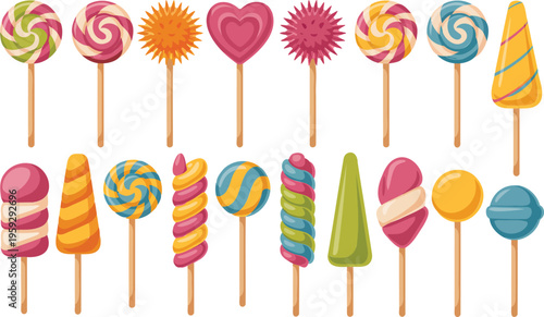 Collection of assorted colorful sweet lollipops and candies on sticks for festive occasions