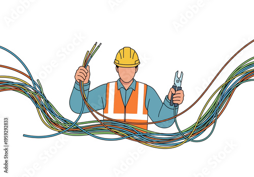 Electrician holding wires and tools, wearing hard hat and vest, illustration