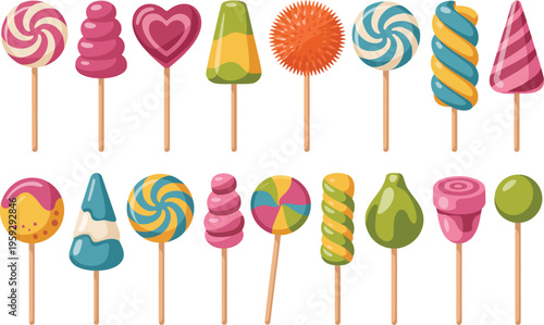 A vibrant collection of various shaped and colored lollipops isolated on a transparent background for diverse design use