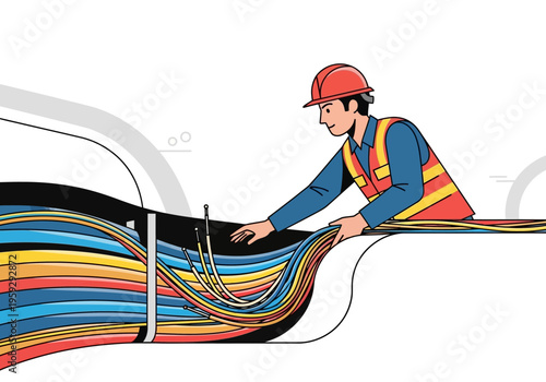 Electrician in hard hat working with colorful electrical wires, illustration representing energy and connection