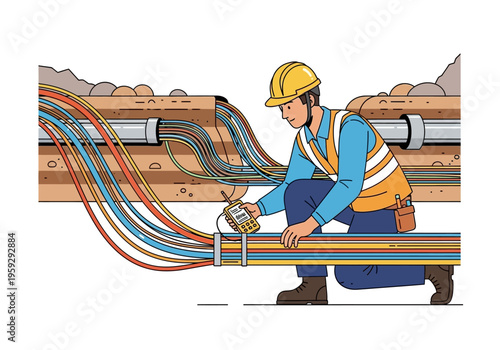 Electrician performing maintenance on underground fiber optic cables