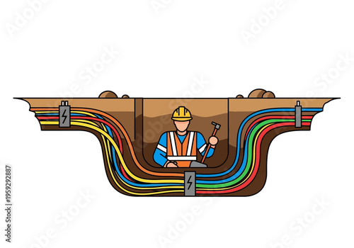 Underground Electrical Wiring Installation With Worker Digging Trench For Power Cables