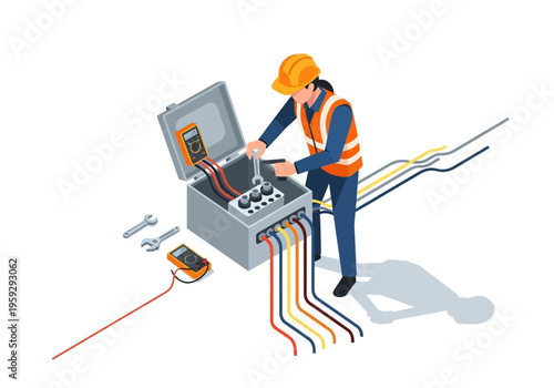 Electrician working on electrical panel with multimeter and tools