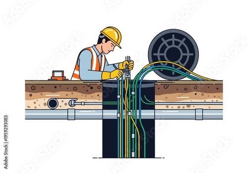 Worker installing cables in underground conduit system with manhole cover