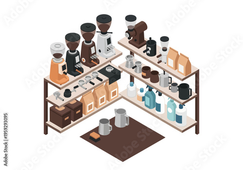 Isometric illustration of a coffee shop's retail display featuring grinders, beans, and brewing equipment