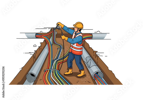 Electrician performing electrical wiring installation in underground conduit with multiple colored cables