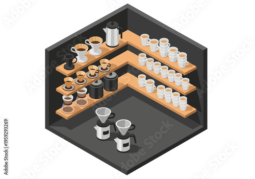 Isometric coffee brewing station with multiple pour-over brewers and cups displayed on shelves