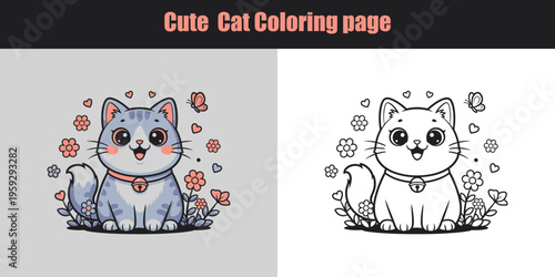 Adorable cartoon kitten with flowers and butterfly isolated on transparent background for coloring page
