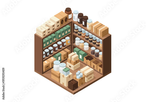 Isometric view of a well-stocked pantry or storage room filled with shelves of jars, boxes, and containers, organized and tidy