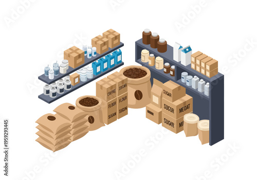 Warehouse interior filled with various products, including bags of grains and packaged goods on shelves