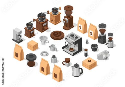 Collection of coffee-making equipment and accessories, isometric illustration