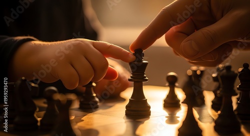Child and adult playing chess game on wooden board