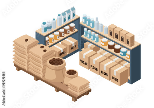 Isometric view of a grocery store aisle stocked with bags of produce, boxes of food items, and bottles on shelves